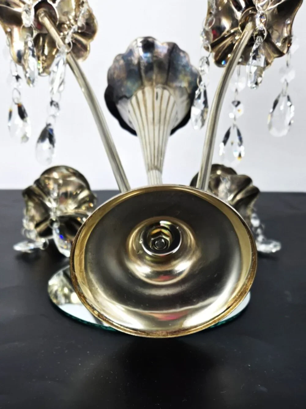 70s Silverplate Epergne 4 Arm Candelabra Trumpet Vase Crystals Japan Silversmith